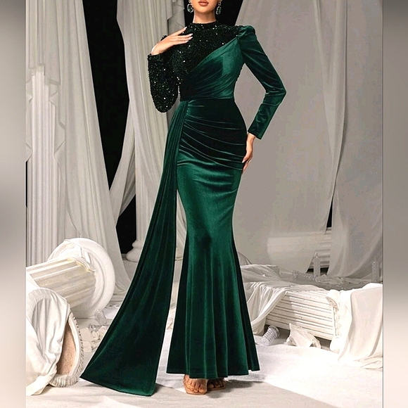 New Luxe Sequin Velvet Long Sleeve Mock Neck Mermaid Maxi Gown Dress Dark Green - Picture 2 of 16